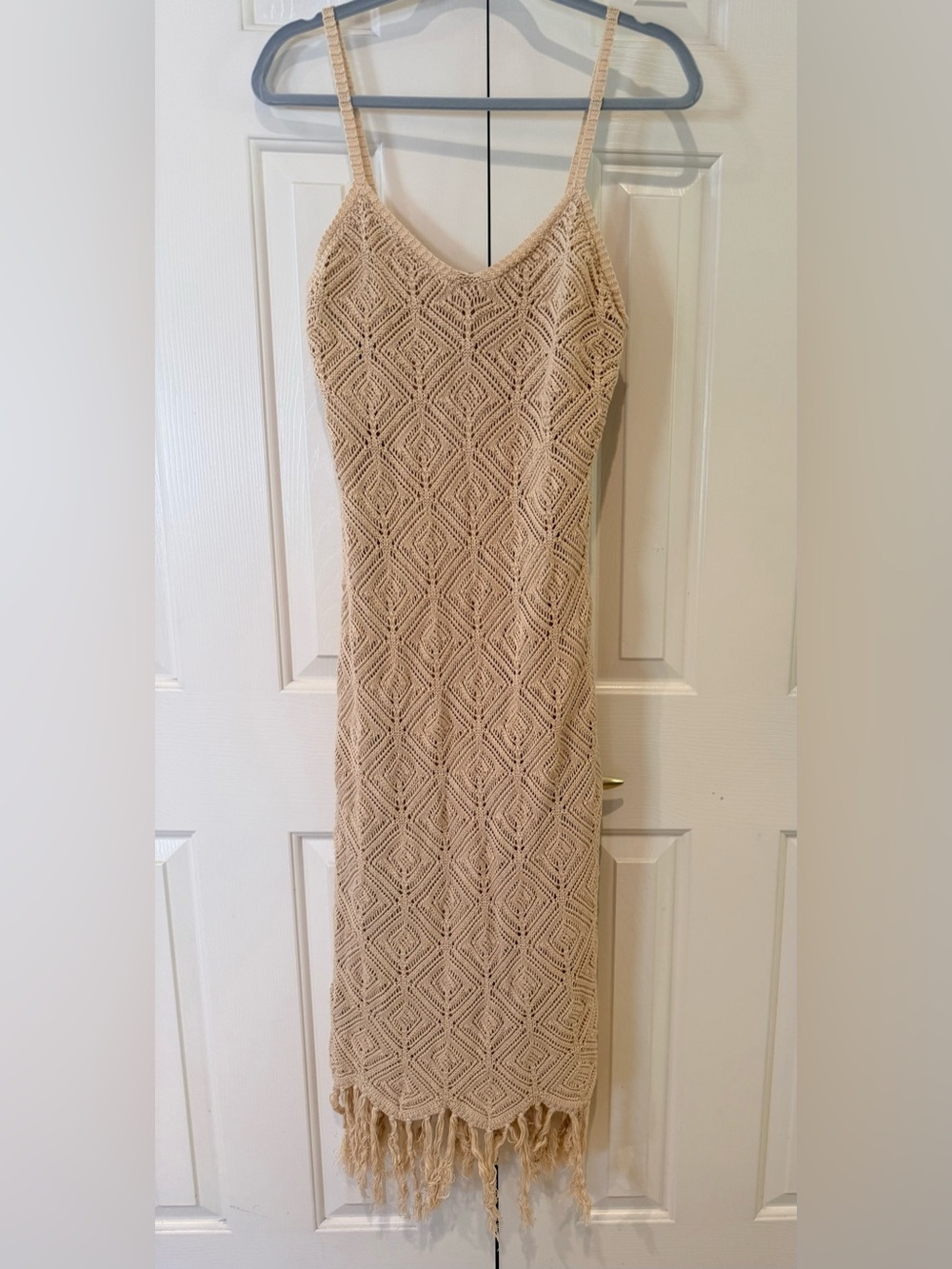 Say What? Beige Crochet Maxi Dress Fringe Bottom Lined Sleeveless